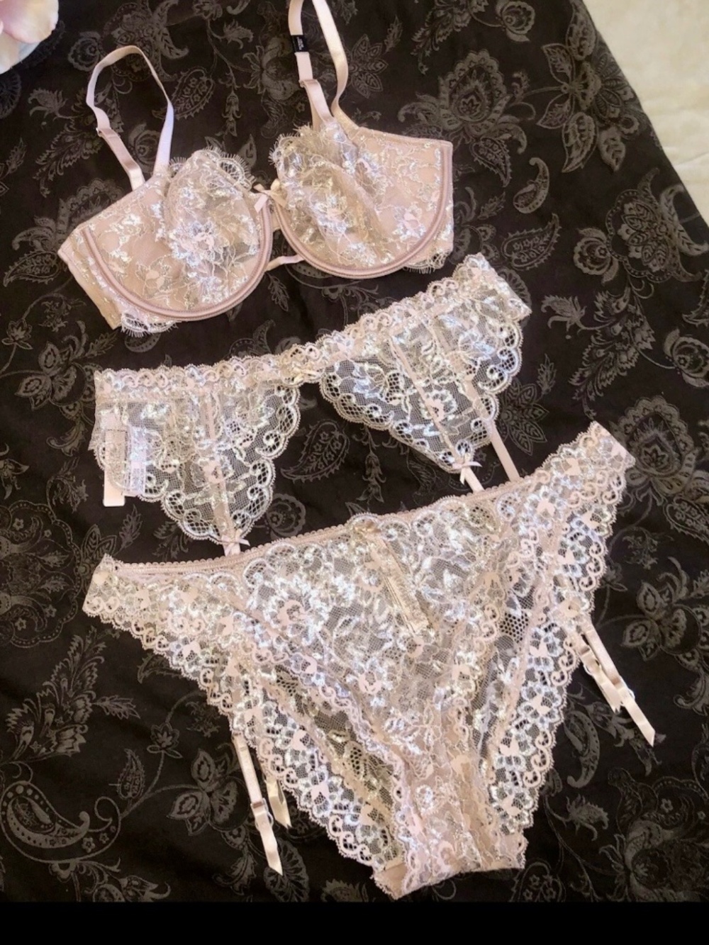 Victoria’s Secret Allure Shine Evening Blush Bra /Garter/Cheekini Set NWT 38DDD